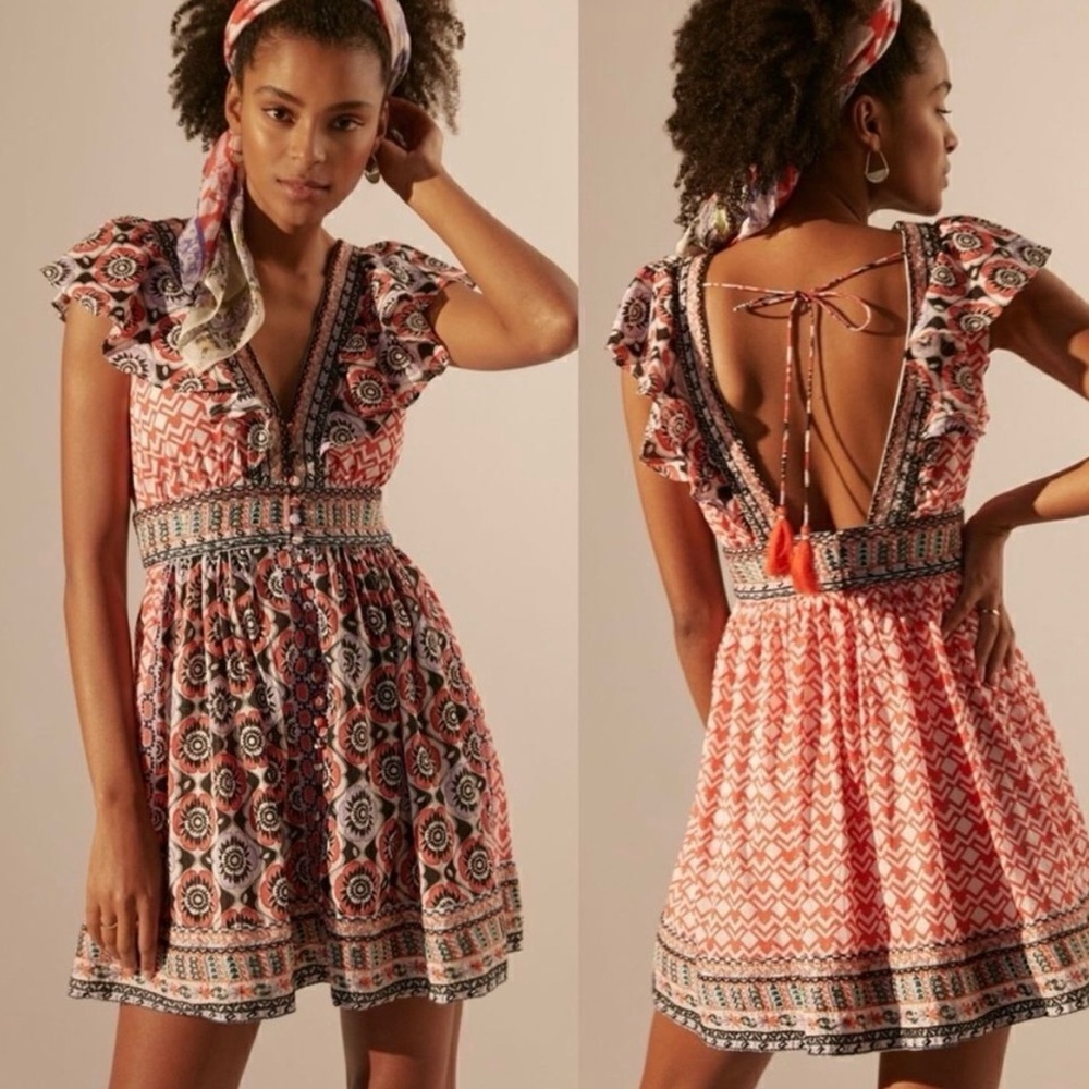 Anthropologie Beaded & Embroidered Flutter Sleeve Mini Dress Size 8P